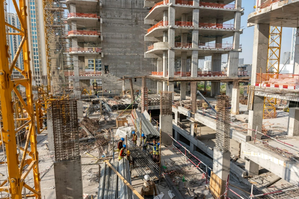 A high-rise building is under construction.